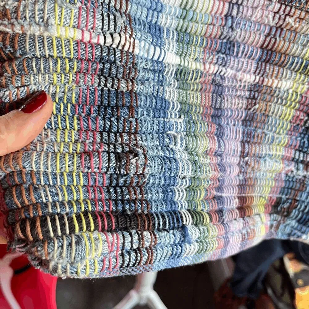 Handwoven Recycled Denim Tote Bag Boho Festival Market Upcycled Fringe Shoulder - Picture 11 of 11